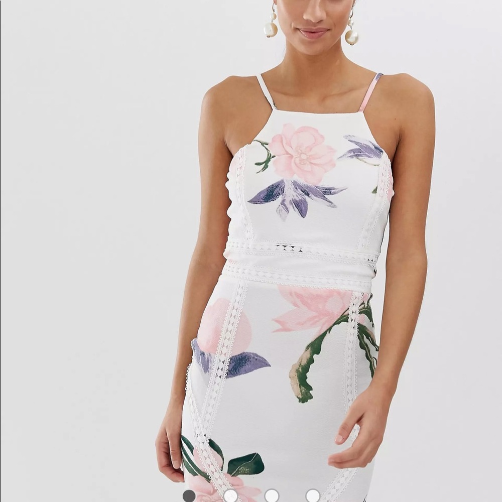 White floral high neck bodycon dress